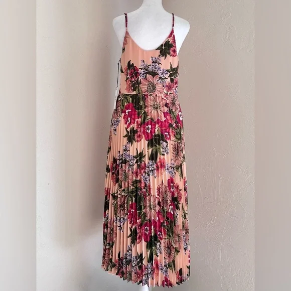 NWT Leith Coral and Pink Floral Midi Dress with Pleated Skirt M - Picture 4 of 15